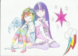 Size: 720x522 | Tagged: safe, artist:berrypinch, rainbow dash, twilight sparkle, human, cute, female, horned humanization, humanized, lesbian, shipping, sleeping, twidash, winged humanization