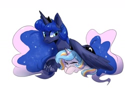 Size: 1600x1200 | Tagged: safe, artist:colorfulcolor233, princess luna, oc, alicorn, pony, unicorn, comforting, crying, eyes closed, female, mare, maternaluna, simple background, white background, wing blanket