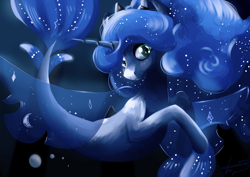 Size: 3510x2490 | Tagged: safe, artist:filama, princess luna, alicorn, seapony (g4), bubble, high res, night, seaponified, seapony luna, smiling, solo, species swap, underwater, water