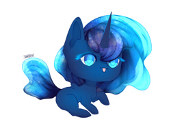 Size: 1024x831 | Tagged: safe, artist:voinona, princess luna, alicorn, pony, :p, chibi, colored eyelashes, colored pupils, cute, ethereal mane, galaxy mane, lunabetes, missing cutie mark, silly, simple background, solo, starry mane, tongue out, white background