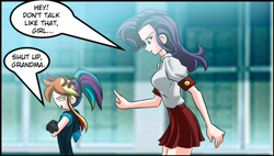 Size: 553x313 | Tagged: safe, artist:mauroz, rainbow dash, rarity, human, comic:la magia de la amistad, clothes, cropped, humanized, miniskirt, school uniform, schoolgirl, skirt