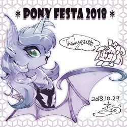 Size: 1377x1377 | Tagged: safe, artist:sibashen, princess luna, alicorn, bat pony, bat pony alicorn, bat ponified, female, looking at you, mare, pony festa, race swap, smiling, text