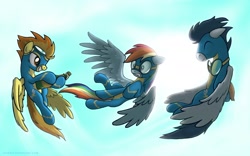 Size: 1920x1200 | Tagged: safe, artist:zoarvek, rainbow dash, soarin', spitfire, pegasus, pony, backlighting, bottle, cider, drink, flying, food, goggles, pie, wonderbolts, wonderbolts uniform