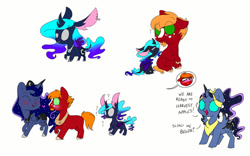 Size: 1024x640 | Tagged: safe, artist:doodletheexpoodle, big macintosh, princess luna, oc, oc:moonstone, alicorn, pony, beard, blushing, facial hair, female, heart, interspecies offspring, lunamac, male, missing cutie mark, offspring, parent:ahuizotl, parent:big macintosh, parent:princess luna, parents:lunahuizotl, question mark, shipping, simple background, step-father, step-parent and step-child, straight, white background