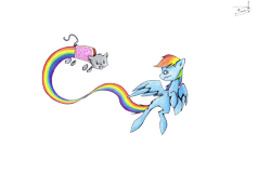 Size: 3344x2301 | Tagged: safe, artist:quynzel, rainbow dash, cat, pegasus, pony, crossover, nyan cat, rainbow, traditional art