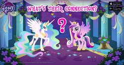 Size: 960x504 | Tagged: safe, princess cadance, princess celestia, alicorn, pony, bouquet, carpet, crown, cute, cutedance, duo, facebook, female, flower, gameloft, heart, jewelry, looking at you, mare, my little pony logo, question mark, raised hoof, regalia, smiling, smiling at you, text