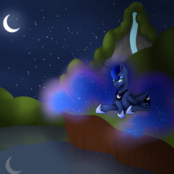 Size: 3000x3000 | Tagged: safe, artist:nathy2001, princess luna, alicorn, pony, crescent moon, crossed hooves, ethereal mane, eyeshadow, lidded eyes, looking at you, lying down, makeup, moon, night, reflection, solo, starry mane, transparent moon, waterfall