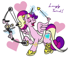 Size: 810x657 | Tagged: safe, artist:jargon scott, princess cadance, alicorn, pony, alternate hairstyle, arrow, clothes, compound bow, cupid, cupidance, eyes closed, female, holiday, lipstick, mare, open mouth, princess of love, solo, this will end in death, this will end in tears, this will end in tears and/or death, toga, valentine's day