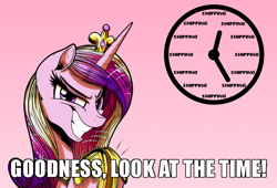 Size: 700x475 | Tagged: safe, artist:gray--day, princess cadance, alicorn, pony, caption, evil grin, female, grin, image macro, imminent shipping, look at the time, mare, meme, oh crap, princess of love, princess of shipping, run, run for your lives, shipper on deck, simple background, slasher smile, smiling, solo, text, with great power comes great shipping