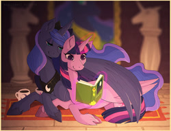 Size: 1000x762 | Tagged: safe, artist:sigilspell, princess luna, twilight sparkle, twilight sparkle (alicorn), alicorn, horse, pony, book, female, glowing horn, lesbian, magic, mare, reading, shipping, smiling, telekinesis, twiluna, unshorn fetlocks