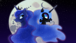 Size: 1600x900 | Tagged: safe, artist:erinsoup, nightmare moon, princess luna, alicorn, pony, alter ego, armor, bust, crown, duality, ethereal mane, female, full moon, grin, horn, jewelry, lightly watermarked, mare, mare in the moon, moon, night, portrait, profile, regalia, smiling, starry mane, starry night, stars, tiara, watermark