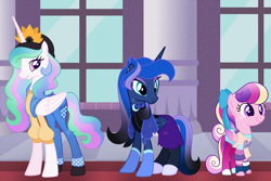 Size: 1200x800 | Tagged: safe, artist:carouselunique, princess cadance, princess celestia, princess luna, alicorn, pony, '90s, arm warmers, clothes, digital art, dress, ear piercing, earring, eyeshadow, female, hat, jewelry, makeup, mare, pegasus cadance, piercing, royal sisters, shirt, smiling, younger