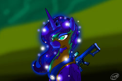 Size: 1024x683 | Tagged: safe, artist:blueberrykamquat, princess luna, oc, alicorn, pony, fallout equestria, barrett, blurry background, canon x oc, character, commission, fallout, gun, moona, rifle, sniper rifle, weapon