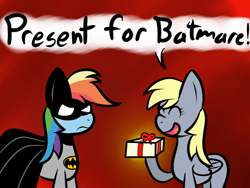 Size: 500x375 | Tagged: safe, derpy hooves, rainbow dash, pegasus, pony, batman, batmare, crossover, female, mare, parody, present