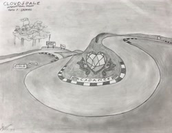 Size: 2048x1584 | Tagged: safe, artist:forzaveteranenigma, princess cadance, cloudsdale, cloudsdale international raceway, cutie mark, fanfiction art, no pony, race track, read description, traditional art