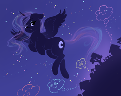 Size: 2647x2102 | Tagged: safe, artist:katputze, princess luna, alicorn, pony, :3, cute, dream, dream walker luna, eyeshadow, female, flowing mane, flying, house, lunabetes, makeup, mare, missing accessory, smiling, solo, stars, sweet dreams fuel, thought bubble, tree, wholesome