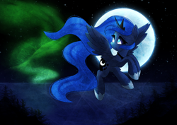 Size: 3508x2480 | Tagged: artist needed, source needed, safe, princess luna, alicorn, pony, aurora borealis, female, flying, moon, sky, solo, stars, tree