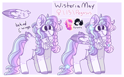 Size: 2500x1556 | Tagged: safe, artist:luqella, princess cadance, oc, oc:pelito, oc:wisteria may, alicorn, pegasus, pony, chest fluff, female, mare, offspring, parent:oc:pelito, parent:princess cadance, parents:canon x oc, reference sheet, tail feathers