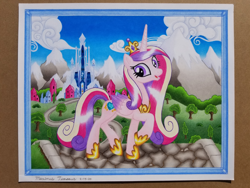 Size: 4032x3024 | Tagged: safe, artist:maximustimaeus, princess cadance, alicorn, pony, cloud, cobblestone street, colored pencil drawing, crystal empire, female, happy, hooves, mountain, road, snow, solo, traditional art, tree, vector used