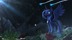 Size: 6400x3600 | Tagged: safe, artist:backmaker, princess luna, alicorn, pony, 3d, flower, nature, night, s1 luna, source filmmaker, stars