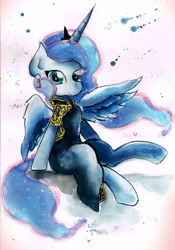 Size: 2409x3437 | Tagged: safe, artist:mashiromiku, princess luna, alicorn, pony, cheongsam, chinese new year, clothes, sitting, solo, traditional art, watercolor painting