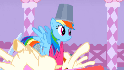 Size: 960x540 | Tagged: safe, screencap, rainbow dash, pegasus, pony, suited for success, animated, bucket, bucketdash, cute, dashabetes, fabric, frown, headbucket, mannequin, rainbow dash always dresses in style, solo, spread wings, surprised, talking