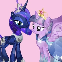 Size: 400x400 | Tagged: safe, edit, princess luna, twilight sparkle, twilight sparkle (alicorn), alicorn, crystal pony, pony, alternate hairstyle, big crown thingy, crystallized, female, jewelry, lesbian, regalia, shipping, twiluna