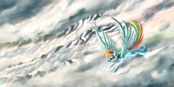 Size: 1600x800 | Tagged: safe, artist:pyrestorm, rainbow dash, pegasus, pony, cloud, cloudy, flying, solo