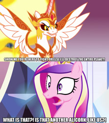 Size: 1280x1440 | Tagged: safe, artist:jaredking203, edit, edited screencap, screencap, daybreaker, princess cadance, alicorn, pony, a royal problem, the times they are a changeling, broly, caption, dragon ball z, female, image macro, mare, meme, nappa, reaction, shocked, text