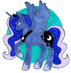 Size: 1280x1313 | Tagged: safe, artist:zaphy1415926, princess luna, alicorn, pony, cutie mark, ethereal mane, female, jewelry, mare, raised hoof, regalia, sidemouth, simple background, smiling, solo, spread wings, starry mane, white background, wings