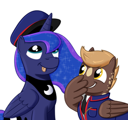 Size: 944x889 | Tagged: safe, artist:hoofclid, princess luna, oc, oc:amber glow, alicorn, pegasus, pony, series:who we become, accessory swap, canon x oc, clothes, fanfic, fanfic art, female, hat, lesbian, shipping