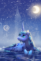 Size: 1500x2250 | Tagged: safe, artist:viwrastupr, princess luna, alicorn, pony, bubble, cute, female, lunabetes, mare, missing accessory, moon, s1 luna, snow, snowfall, solo, water