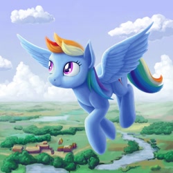 Size: 1600x1600 | Tagged: safe, artist:dahtamnay, rainbow dash, pegasus, pony, flying, scenery, solo