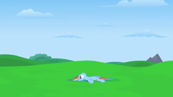 Size: 1280x720 | Tagged: safe, artist:misterdavey, rainbow dash, pegasus, pony, grass, on back, out of context, smile hd, solo