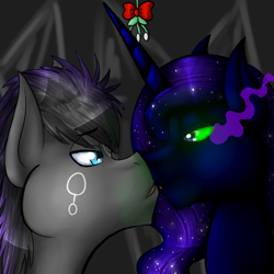 Size: 600x600 | Tagged: safe, artist:sinsays, princess luna, oc, alicorn, pony, ask corrupted twilight sparkle, commission, corrupted, corrupted luna, dark, dark equestria, dark world, duo, duo male and female, mistletoe, mistletoe meme, possessed, sombra eyes, tumblr