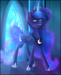 Size: 2080x2563 | Tagged: safe, artist:trappefnff, princess luna, alicorn, pony, ethereal mane, fangs, glowing horn, looking at you, moonlight, nightmare luna, signature, slit eyes, smiling, smirk, solo, stained glass window