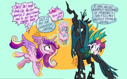 Size: 2160x1350 | Tagged: safe, artist:virtualkidavenue, princess cadance, queen chrysalis, oc, oc:princess canterella, alicorn, changeling, changeling queen, changepony, hybrid, pony, sheep, bad parenting, cadalis, female, interspecies offspring, lesbian, magical lesbian spawn, next generation, offspring, parent:princess cadance, parent:queen chrysalis, parents:cadalis, shipping, tiny ewes