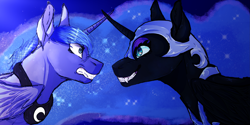 Size: 3719x1866 | Tagged: safe, artist:theeclipticlion, nightmare moon, princess luna, alicorn, pony, confrontation, duality, duo, ethereal mane, fangs, female, gritted teeth, helmet, jewelry, looking at each other, mare, missing accessory, redraw, regalia, starry mane