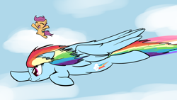 Size: 1280x720 | Tagged: safe, artist:whatsapokemon, rainbow dash, scootaloo, pegasus, pony, female, flying, mare, wings