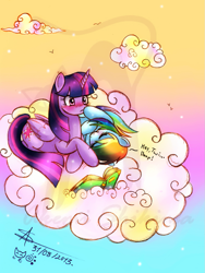 Size: 903x1200 | Tagged: safe, artist:shikimaakemi, rainbow dash, twilight sparkle, twilight sparkle (alicorn), alicorn, pegasus, pony, blushing, book, boop, cloud, female, lesbian, resting, shipping, twidash