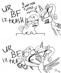 Size: 1280x1531 | Tagged: safe, artist:chopsticks, princess cadance, twilight sparkle, alicorn, pony, unicorn, abuse, angry, black and white, choking, comic, dialogue, female, filly, grayscale, mare, marker, monochrome, open mouth, ponytail, princess bitchdance, reference, simple background, strangling, teen princess cadance, text, the simpsons, twiggie, twilybuse, white background, why you little, yelling