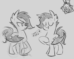 Size: 800x645 | Tagged: safe, artist:egophiliac, prince artemis, princess luna, oc, oc:frolicsome meadowlark, oc:sunshine smiles (egophiliac), bat pony, pony, colt, eyepatch, eyes closed, female, filly, foal, gray background, grayscale, male, monochrome, rule 63, simple background, singing, sketch, woonoggles