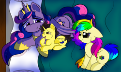 Size: 1280x768 | Tagged: safe, artist:rainbowtashie, princess cadance, princess celestia, princess luna, twilight sparkle, twilight sparkle (alicorn), oc, oc:queen galaxia, oc:rainbow tashie, oc:tommy the human, alicorn, adorable face, alicorn oc, alicorn princess, alicornified, bed, clothes, commissioner:bigonionbean, crown, cute, cutie mark, dawwww, female, fusion, fusion:queen galaxia, jewelry, male, mother and child, mother and son, nintendo 64, parent and child, race swap, regalia, shoes, writer:bigonionbean, yawn