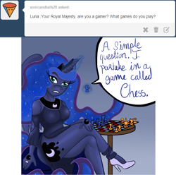 Size: 1280x1272 | Tagged: safe, artist:stubbornstallion, princess luna, anthro, anthroquestria, chess, clothes, dress, high heels, leg focus, magic, shoes, side slit, solo