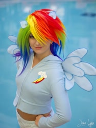 Size: 1425x1900 | Tagged: safe, artist:ladymella, rainbow dash, human, cosplay, irl, irl human, midriff, photo, solo