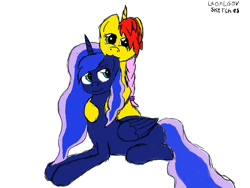 Size: 2250x1688 | Tagged: safe, artist:terminalhash, princess luna, oc, oc:rouzfirecarrot, alicorn, pony, biting, ear bite