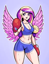 Size: 1500x1952 | Tagged: safe, artist:breadbirdart, princess cadance, human, anime, belly button, blue background, blushing, boxing gloves, bra, breasts, cleavage, clothes, commission, humanized, midriff, simple background, solo, sports bra, sweat, winged humanization, wings