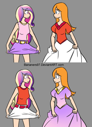 Size: 1140x1575 | Tagged: safe, artist:bananimationofficial, princess cadance, human, candace flynn, clothes, clothes swap, cosplay, costume, crossover, humanized, looking at each other, phineas and ferb