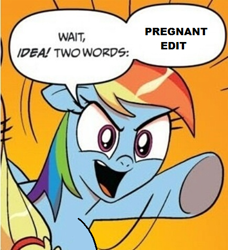 Size: 435x476 | Tagged: safe, idw, rainbow dash, pegasus, pony, exploitable meme, meme, pregnant, pregnant edit, two words meme
