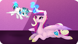 Size: 3239x1851 | Tagged: safe, artist:kraytt-05, princess cadance, oc, oc:zero fire, alicorn, pony, alicorn oc, colt, cute, cutedance, female, glowing horn, horn, levitation, magic, male, mare, mother and child, mother and son, ocbetes, offspring, parent and child, parent:princess cadance, parent:shining armor, parents:shiningcadance, prone, telekinesis